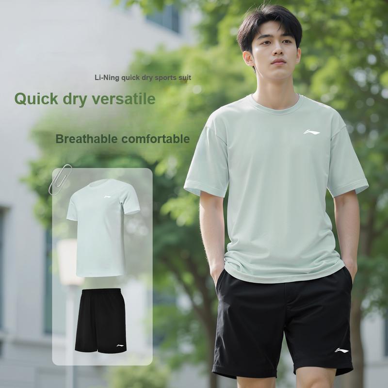 Li Ning Série Football Logo Col Rond Soie Glacée Cool Dry Respirant Course Fitness Alpinisme Loisirs Costume de Sport Unisexe YATV089-2