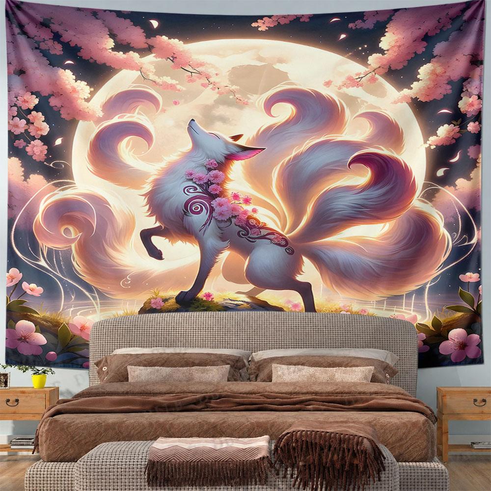 Mystical Fox with Cherry Blossoms Pattern Wall Hanging Tapestry Decorative Tapestry Home Decor for Bedroom and Living Room