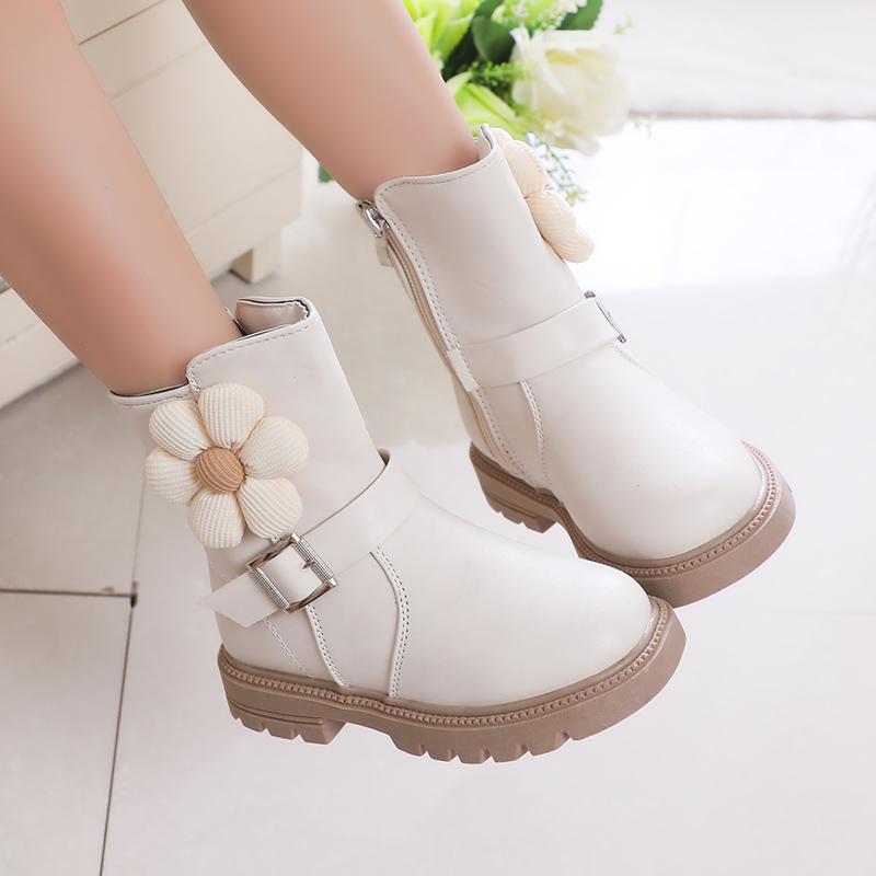 Sweet Princess Boots Flowers Cute Buckle Fashion Kids Shoes Side Zipper Children Casual Shoes PU 2024 New Brown Beige Elegant