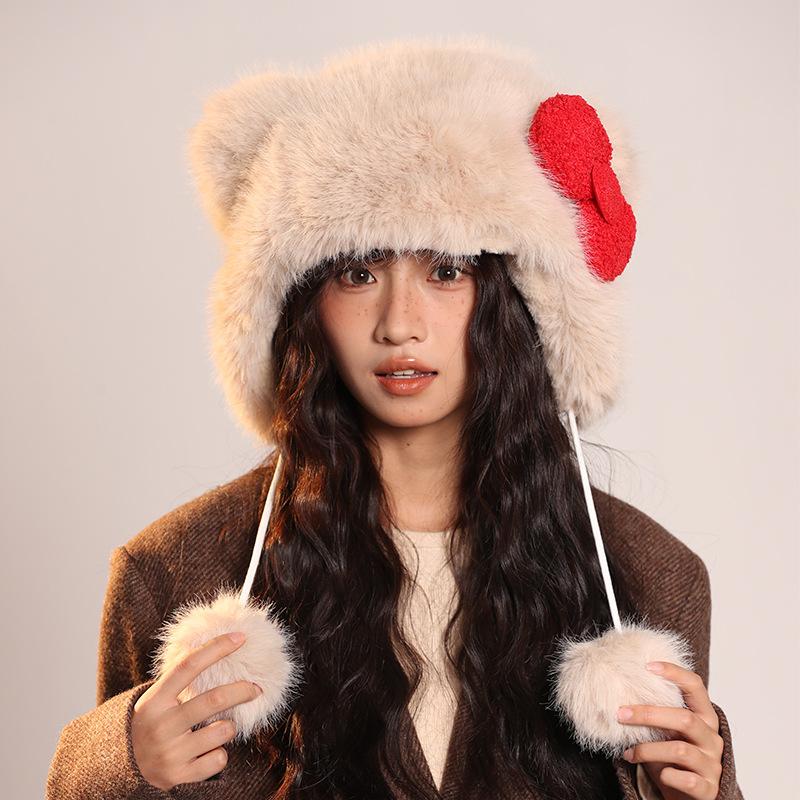 Red Bow Hat for Women Cute Animal Fashion Warm Plush Hat Autumn and Winter New Cartoon Ear Protection Lei Feng Hat