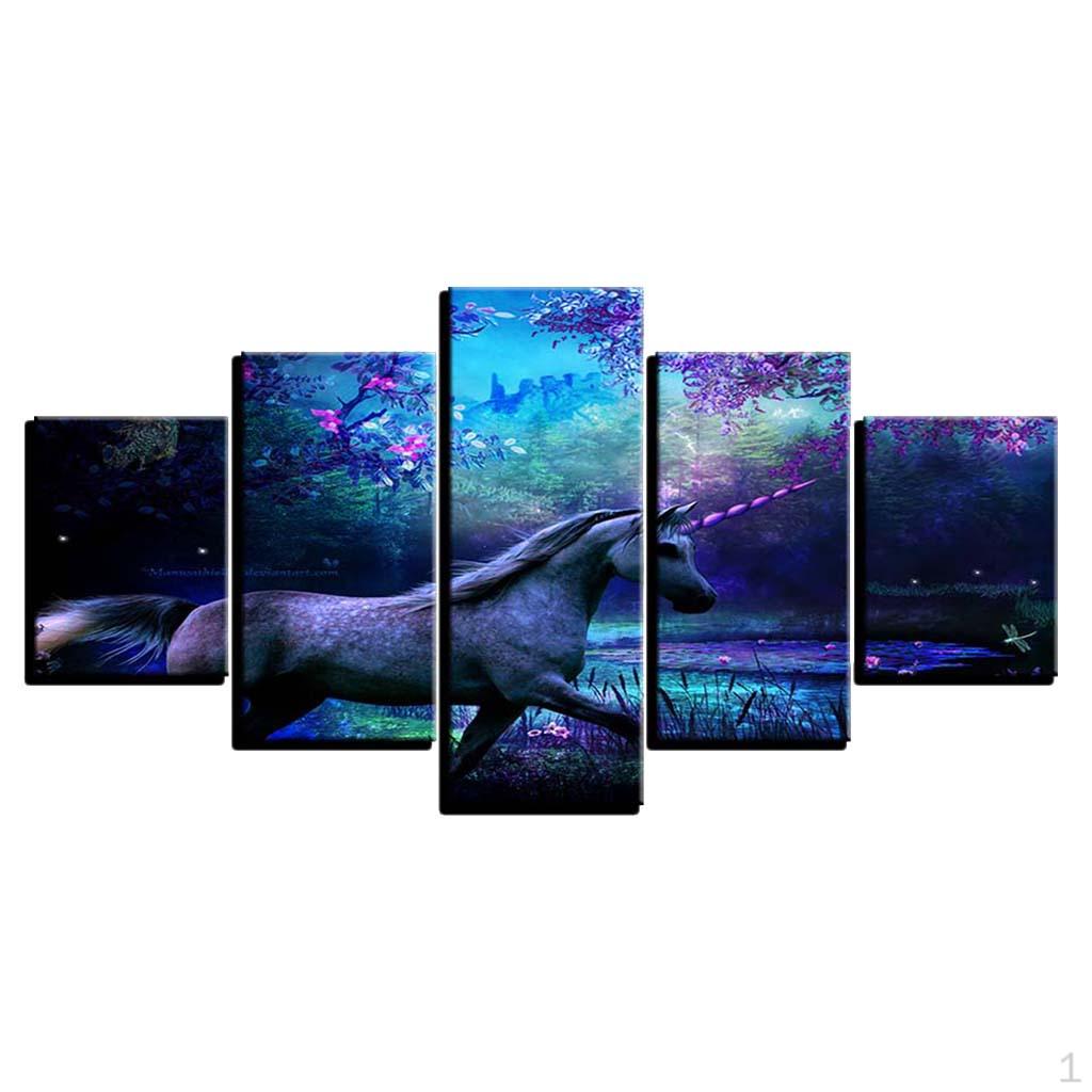 

5 Panels Canvas Wall Painting Decoration Prints on Landscape, Tree, Swan, Music, Pattern Unicorn