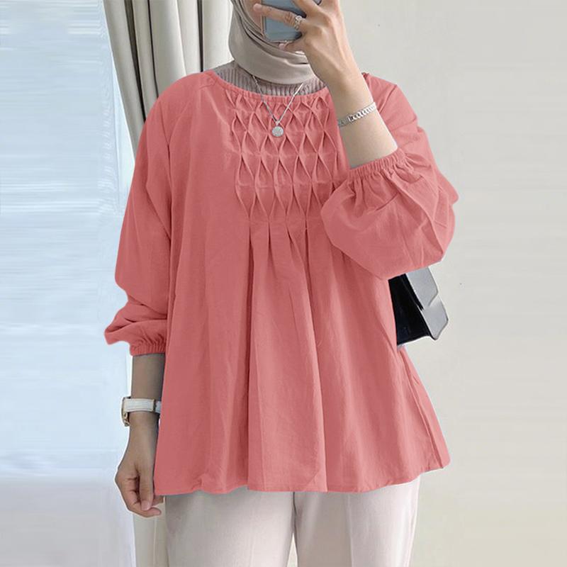 

ZANZEA Womens Casual Round Neck Solid Color Long Sleeve Blouse 4XL