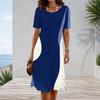 Women Plus Size Round Neck Short Sleeve Printed A Line Flared Hem Navy Blue White Dress