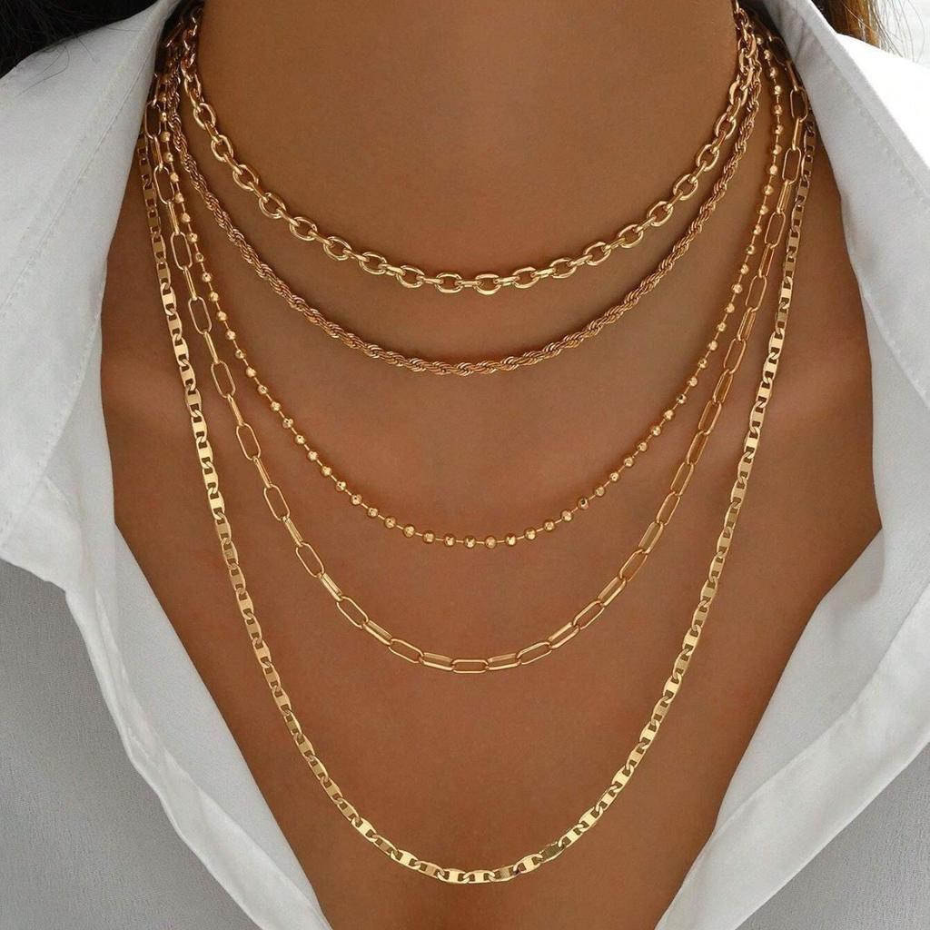 5pcs/Set Simple Braided Bead Chain Necklaces For Women Gold Color Layered Pendant Necklace Set Daily Party Wear Jewelry Gift New