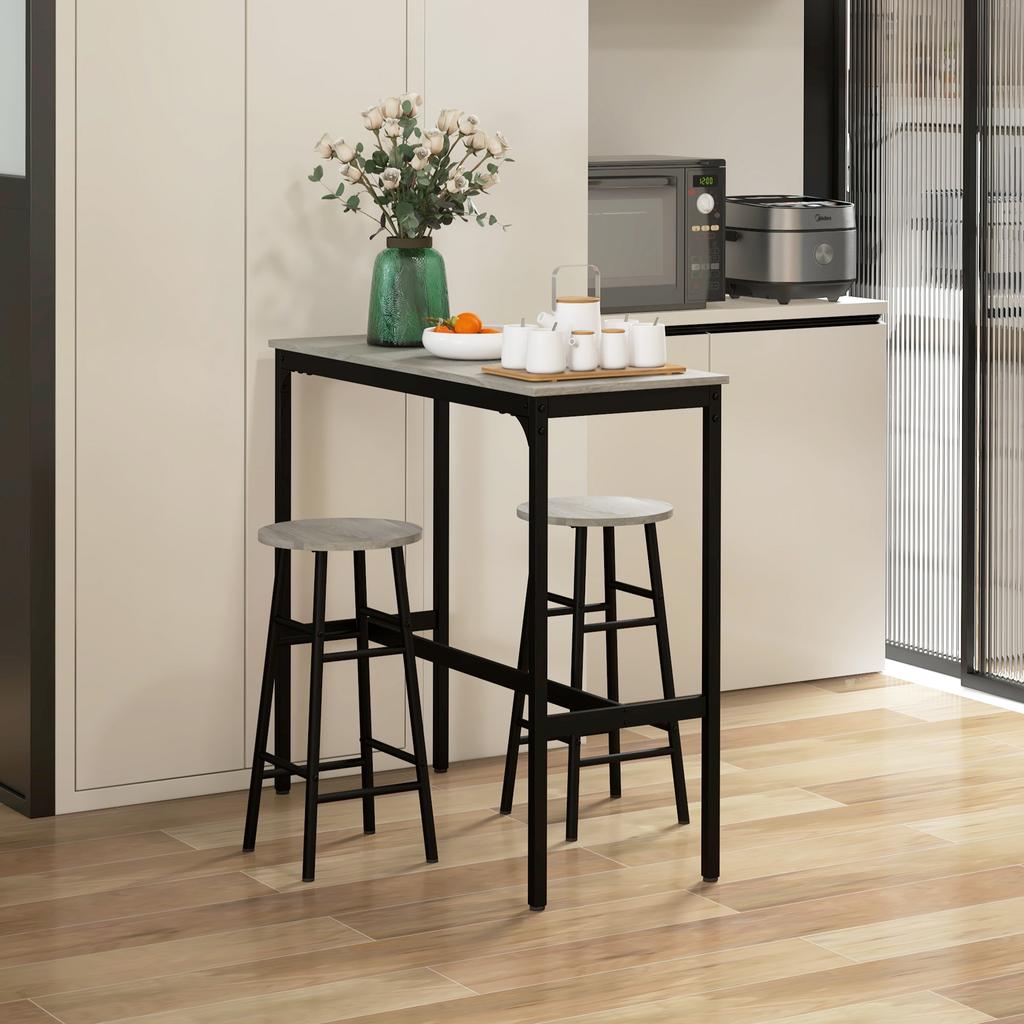 3 Piece Bar Table Set with 2 Stools, Industrial Bar Table and Stool Set, Dining Table and Chair Set, Grey