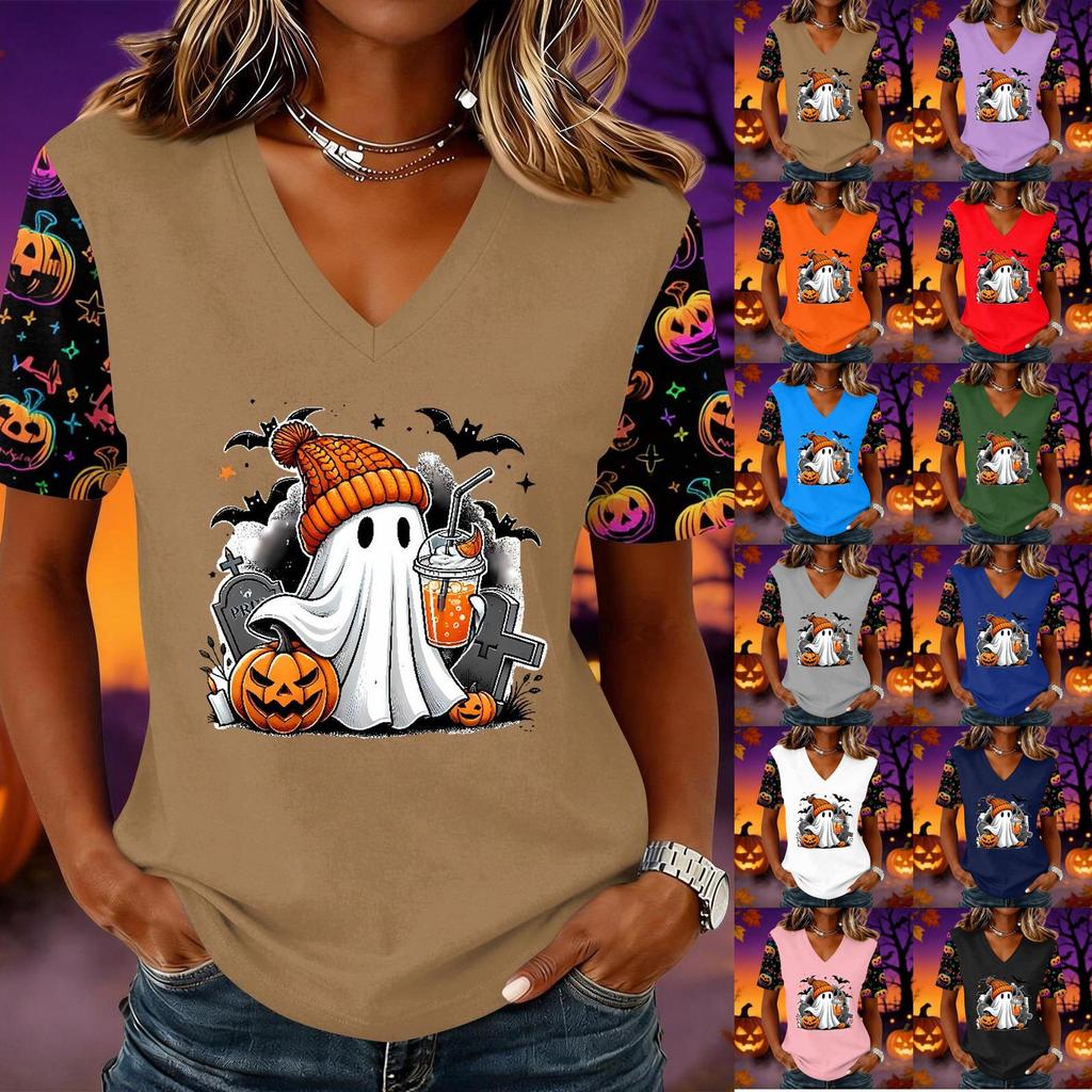 Women's Halloween Print V-Neck Short Sleeve Pullover Top for Casual Wear