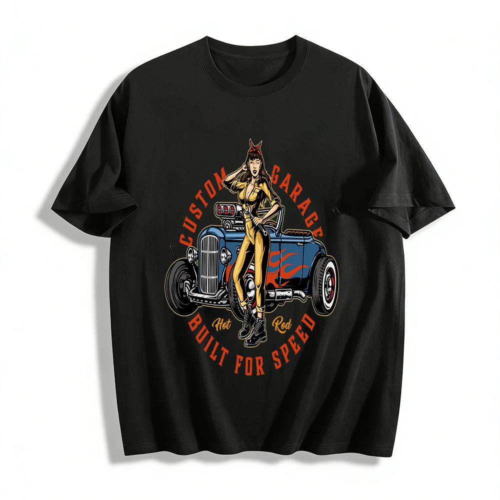 Custom Garage Hot Rod Print Tee Built For Speed Car Culture Top Pure cotton T-shirt XXS