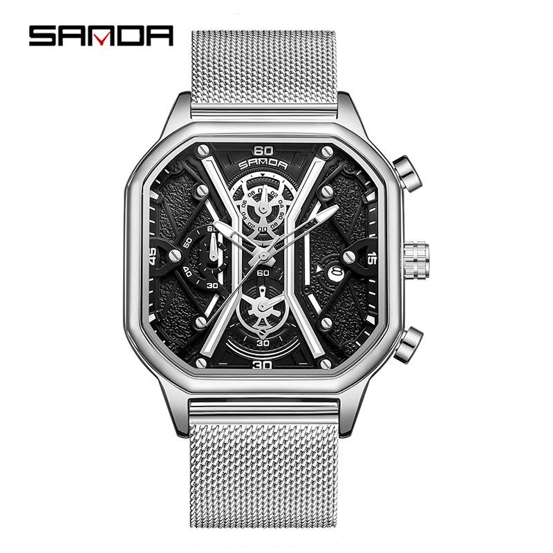 SANDA Trendy Men's Square Quartz Watch - Fashionable Multi-Function Calendar Wristwatch