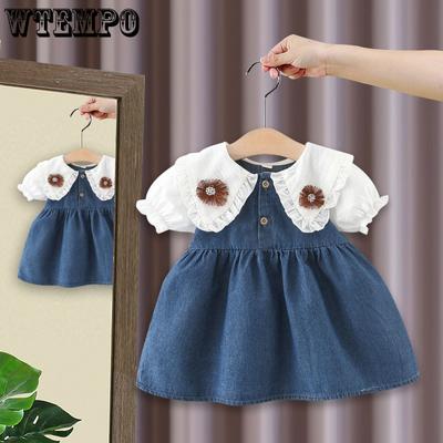 Robe en jean d'été pour filles Robe en jean à manches courtes à fleurs pour bébé Vêtements pour enfants Robe pour enfants