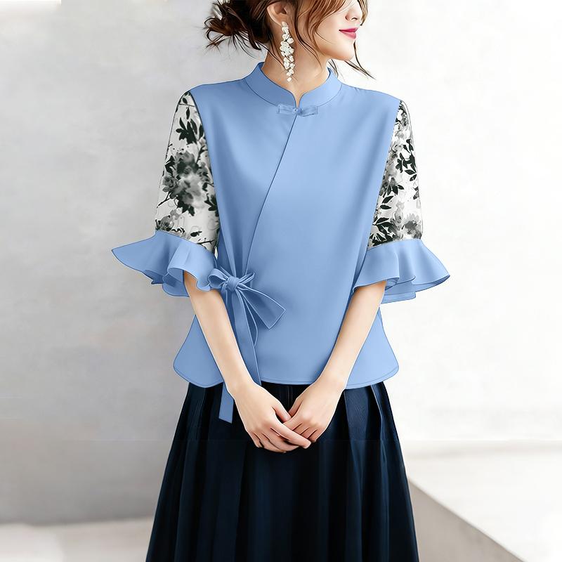 ZANZEA Women Casual Stand Collar Print Splice Half Sleeve Loose Blouse M