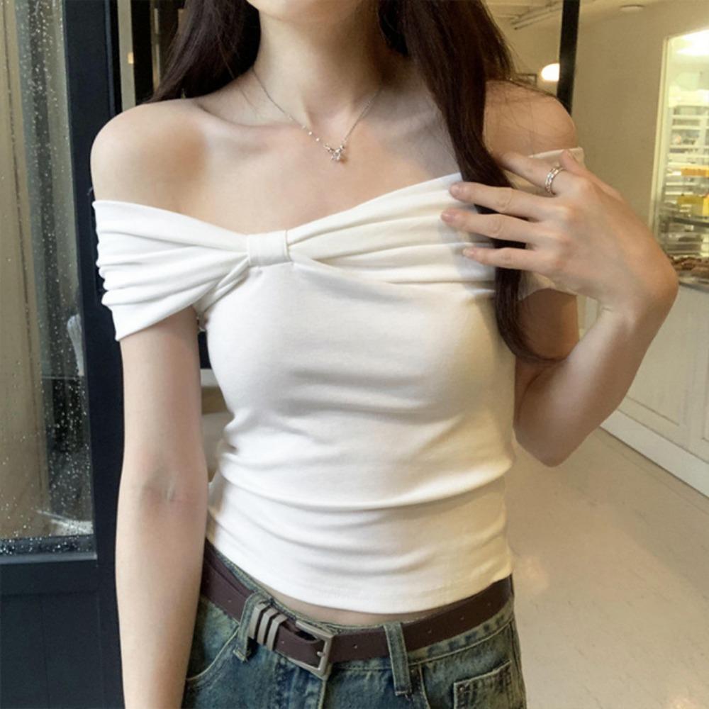 French Style Bow Detail Short Sleeve T Shirt Women Summer Cotton Ribbed Fabric Round Neck Blouse
