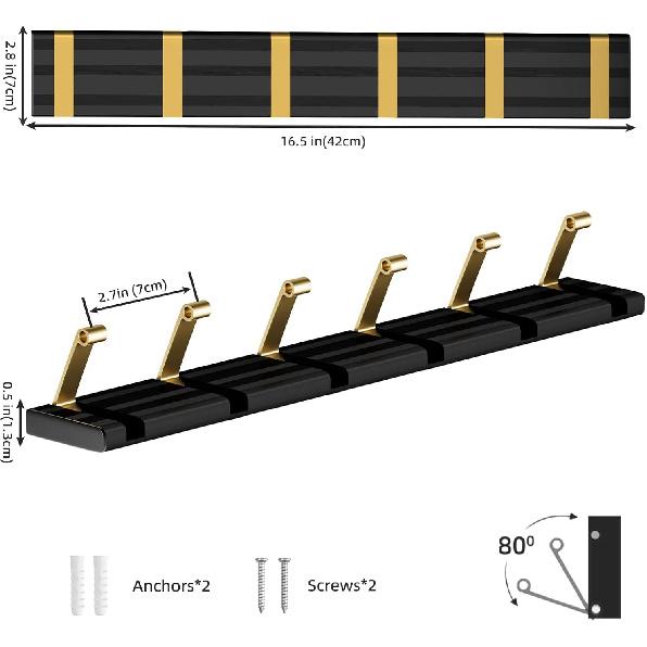 Coat Rack Wall Mounted, Metal Heavy Duty Wall Coat Hooks,Modern Coat Hanger Wall with 6 Flip-Down Hooks,Hook Rack Rail for Clothes, Keys, Hats,
