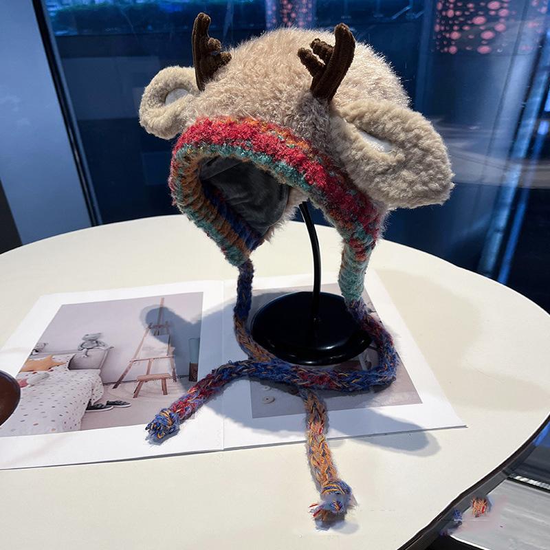 2-in-1 Christmas Reindeer Knitted Hat Winter Warm Antler Beanie Creative Ear Protection Hat with Tie-strap Festive Outdoor Cap