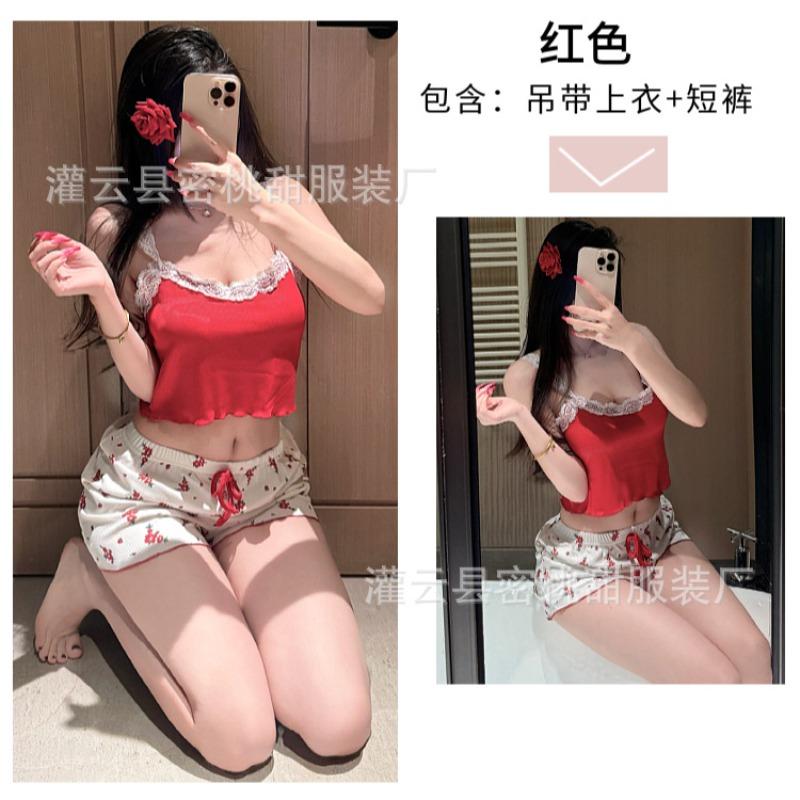 Sex underwear lace suspender top floral shorts home casual ribbed pit strip two-piece set