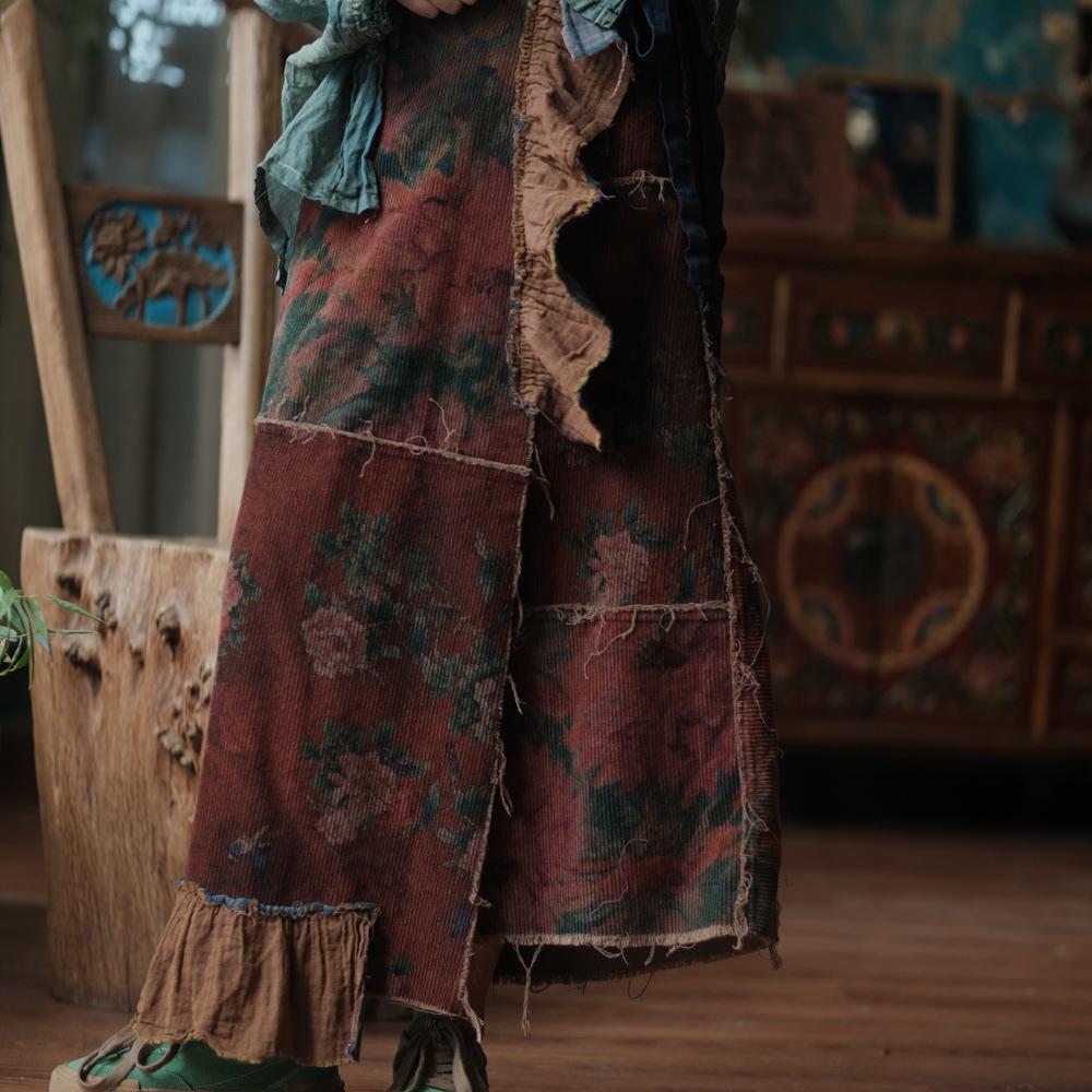 Fallen Ancient Mud Retro Lace-up Patchwork Corduroy Wrap Skirt