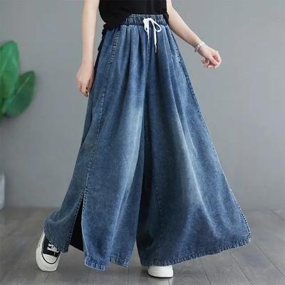 Plus Size Spring Summer Women Blue Jeans Elastic-Waisted Drawstring Wide Leg Denim Trousers Casual Loose Ladies Basic All-Match Jeans