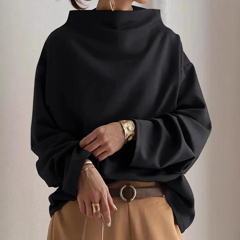Spring Women's Loose Turtleneck Black T Shirt Long Sleeve White High Street Trend Solid Color Autumn Tees