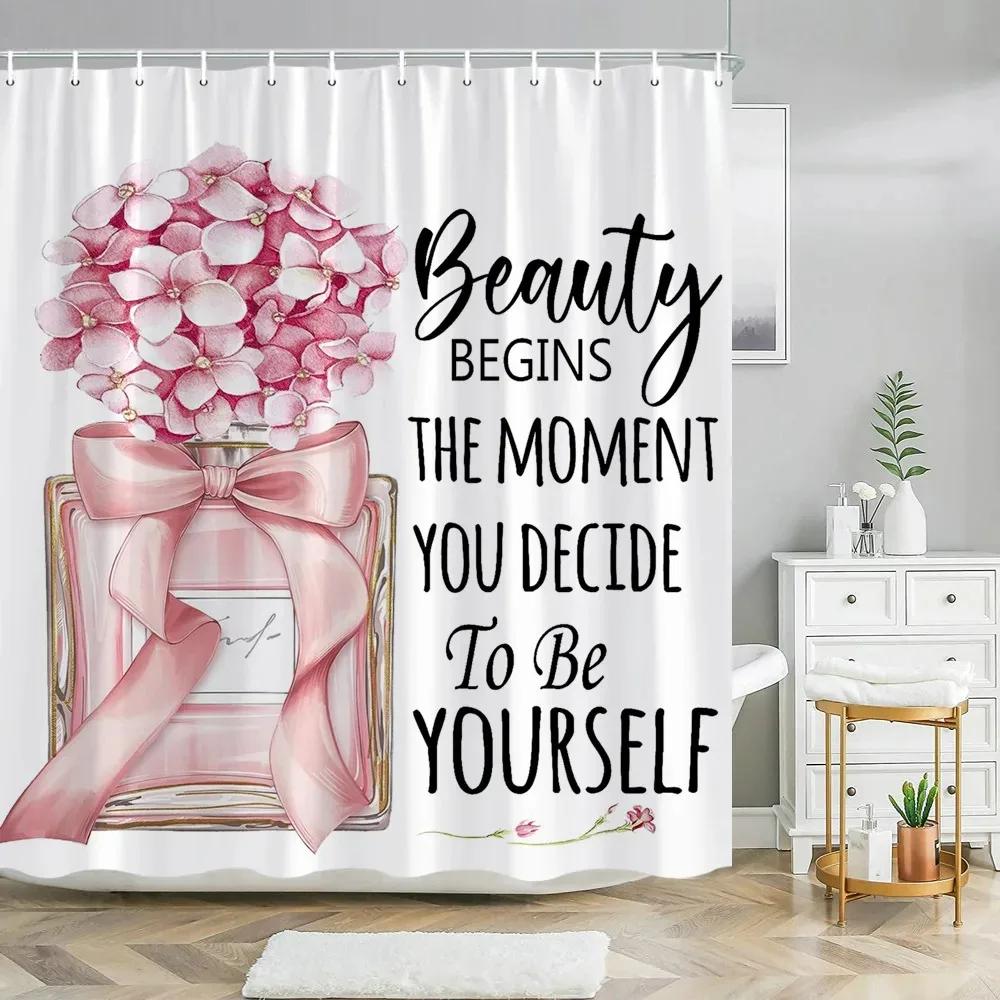 Pink Perfume High Heel Shower Curtain Set Black White Stripes Fashion Girl Woman Bathroom Decor Polyester Bathtub Curtains Hooks