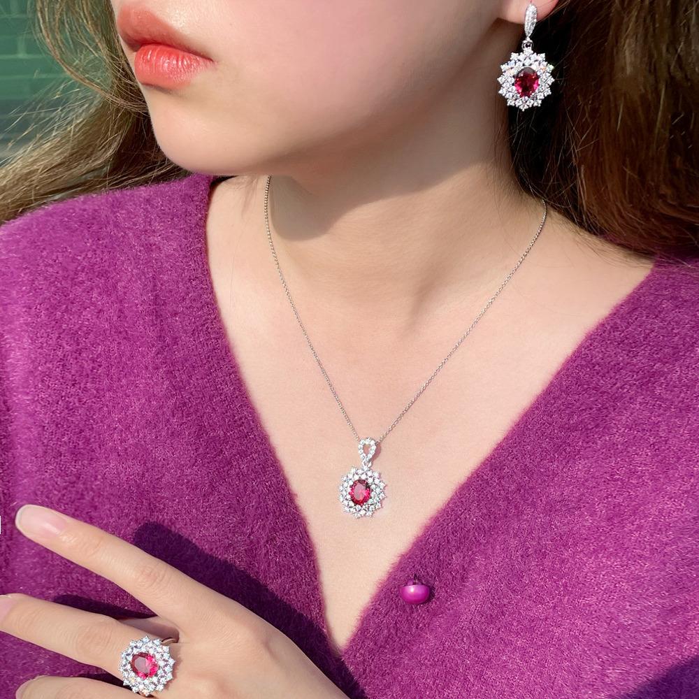 Necklace, Earrings, Ring, Ruby Three-Piece Chain, Micro-Zircon Popular Jewelry.