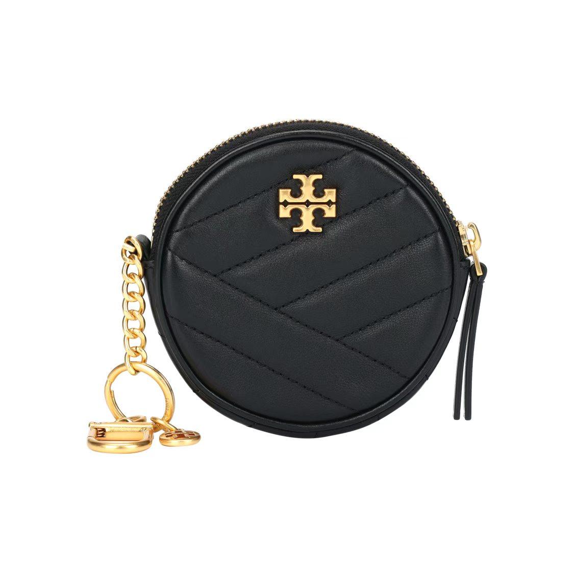 

Tory Burch Kira Zipper Round Keychain Chevron Quilted Leather Wallet Women Wallet Black Gold 81820-001 Basic Set (Bag+Dust Bag)