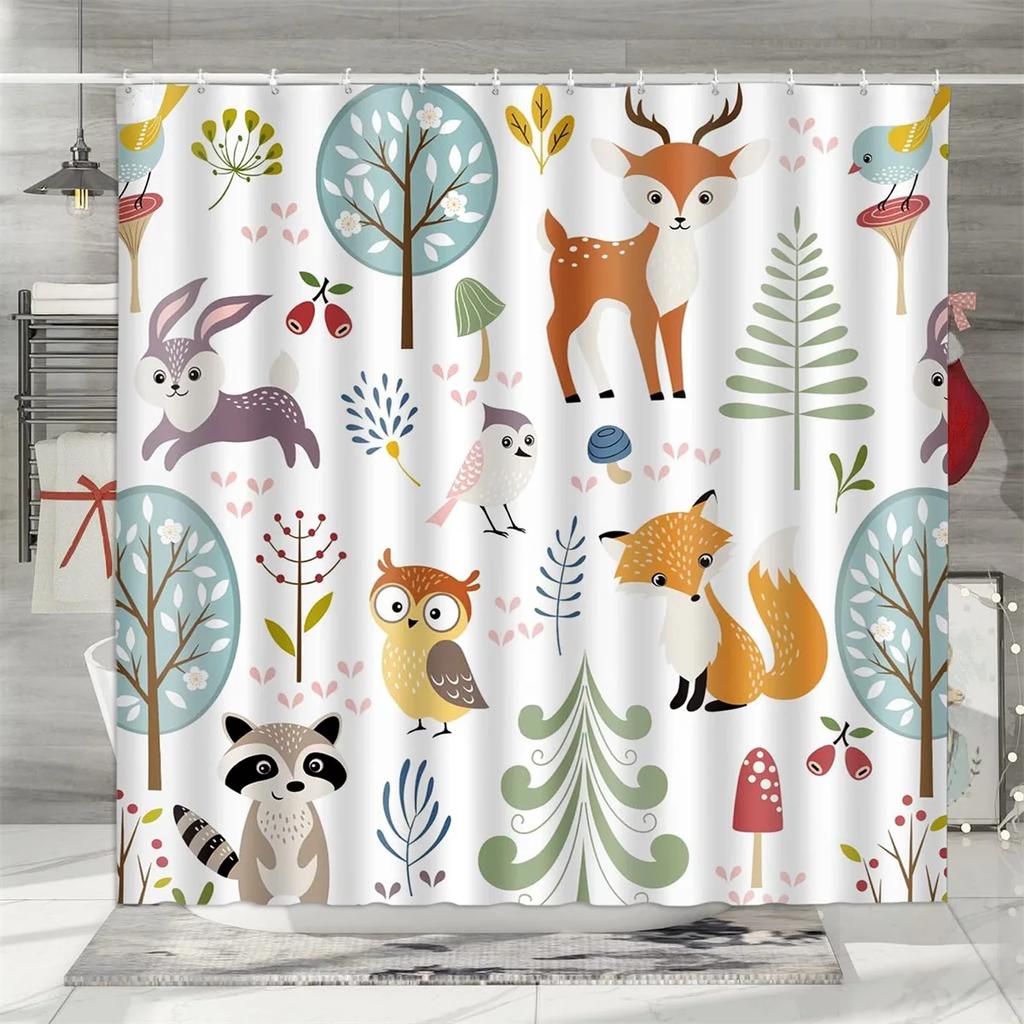 Christmas Shower Curtain, Winter Holiday Farm Snowman Santa Claus Christmas Tree Farmhouse Christmas Balls Bathroom Decorations