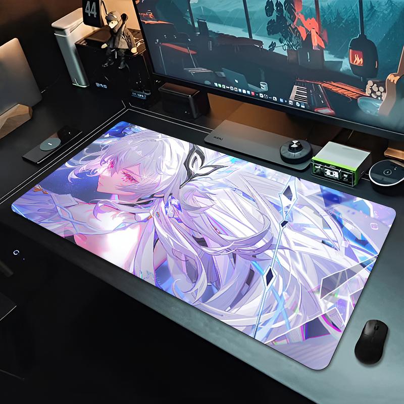 Gaming Mouse Pad Desk Mat Antislip Rubber Base Stitched Edges White Hair Anime Girl Print Extended Keyboard Pad for Gamers