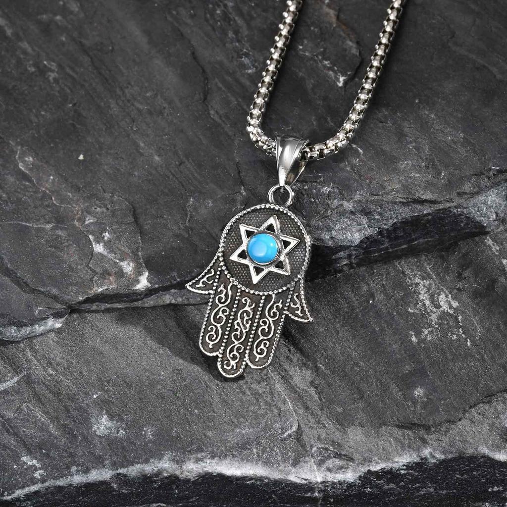 Vintage Fatima Hand Halskette für Männer Jungen, Edelstahl Hexagramm Türkis Anhänger, Punk Schmuck Geschenk