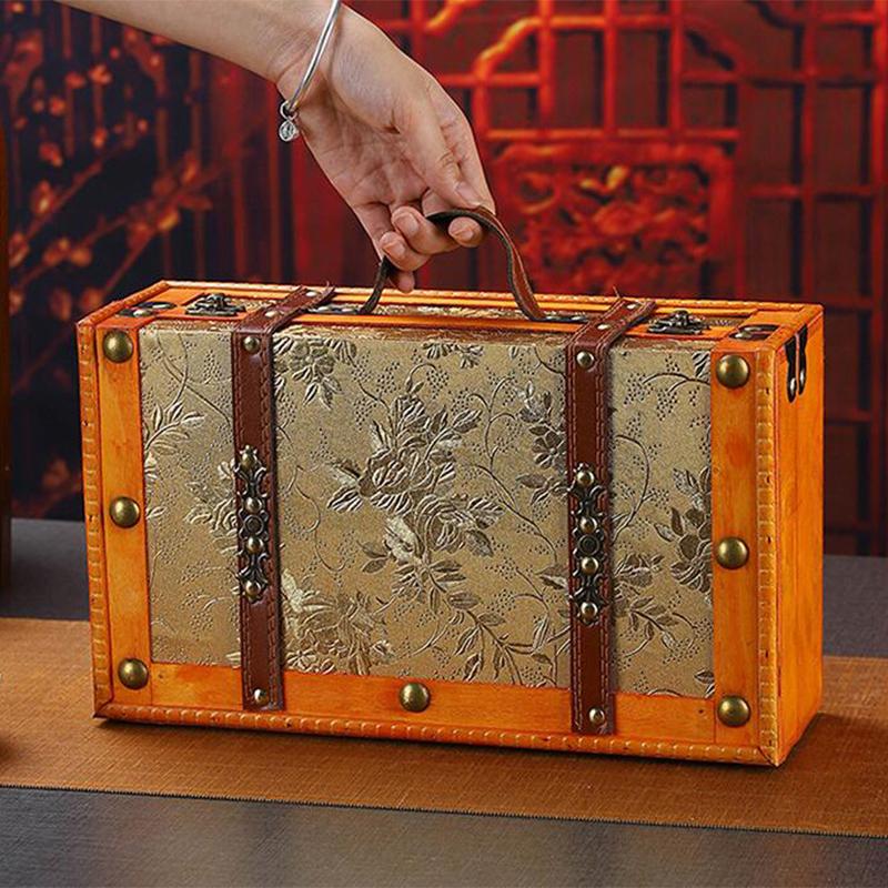 European Style Vintage Suitcase Lightweight Wooden Storage Box W/Handle Treasure Jewelry Chest Storage Case for Home Travel