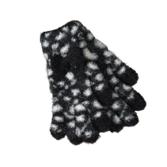 1 Pair Knitted Gloves Leopard Print Plush Warm Winter Gloves with Tie-Dye Color Bow Decoration Touchscreen Gloves