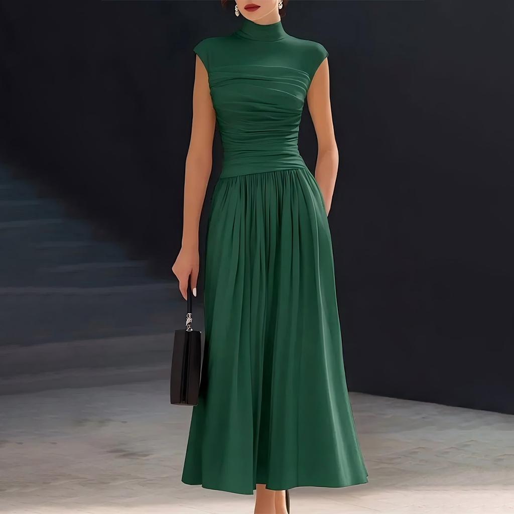 Elegant Women's Summer Stand Collar Sleeveless Dress, Color Loose Fit Stretchy Dress for Casual and Party Wear
