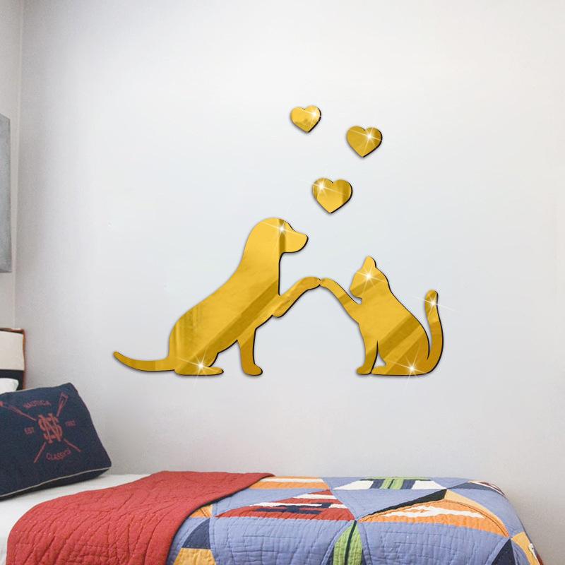 DIY Love Cat Dog Acrylic Mirror Wall Sticker Cartoon Paste Self-adhesive Living Room Bedroom Bathroom Decoration Wall Decor
