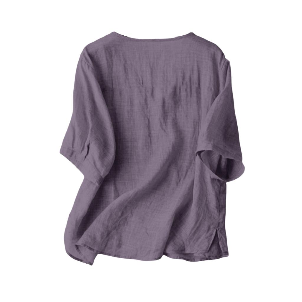 Women's Casual Comfortable V-Neck Asymmetric Cotton-Linen Blend Short-Sleeve Shirt T-Shirt Top