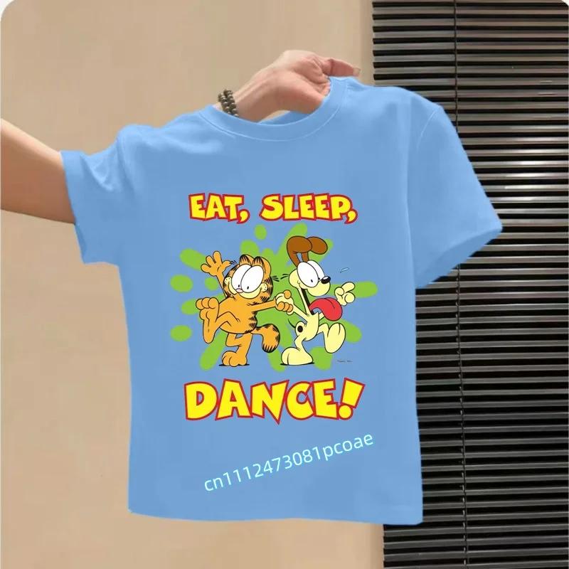 Garfield's new children's pure polyester short-sleeved boys' sports shirt, girls' casual top with cartoon print, summer T-shirt