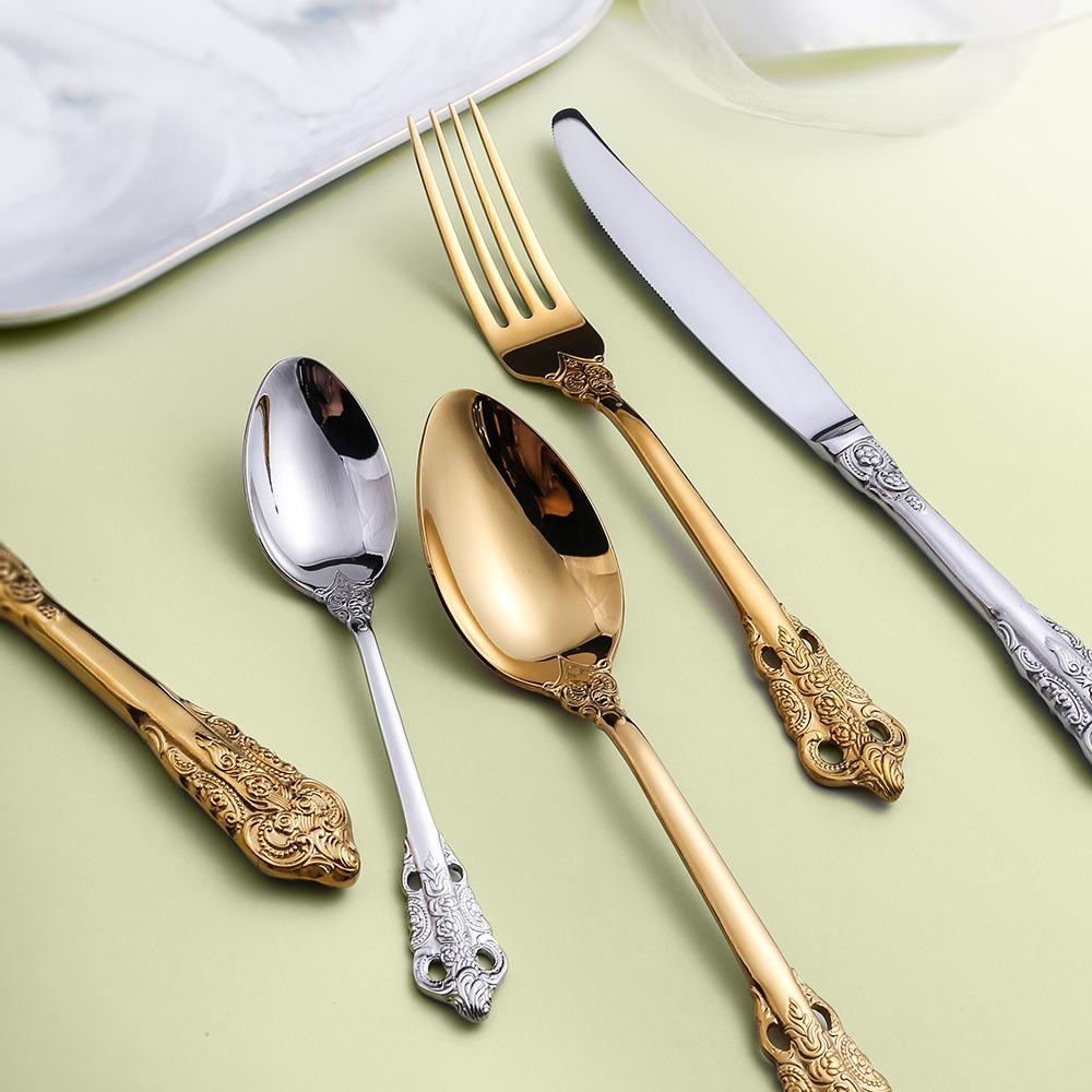 J Stainless Steel Retro Relief Tableware Western Knife Fork and Spoon Set European Steak Knife Fork Meal Spoon Dessert Spoon and Fork