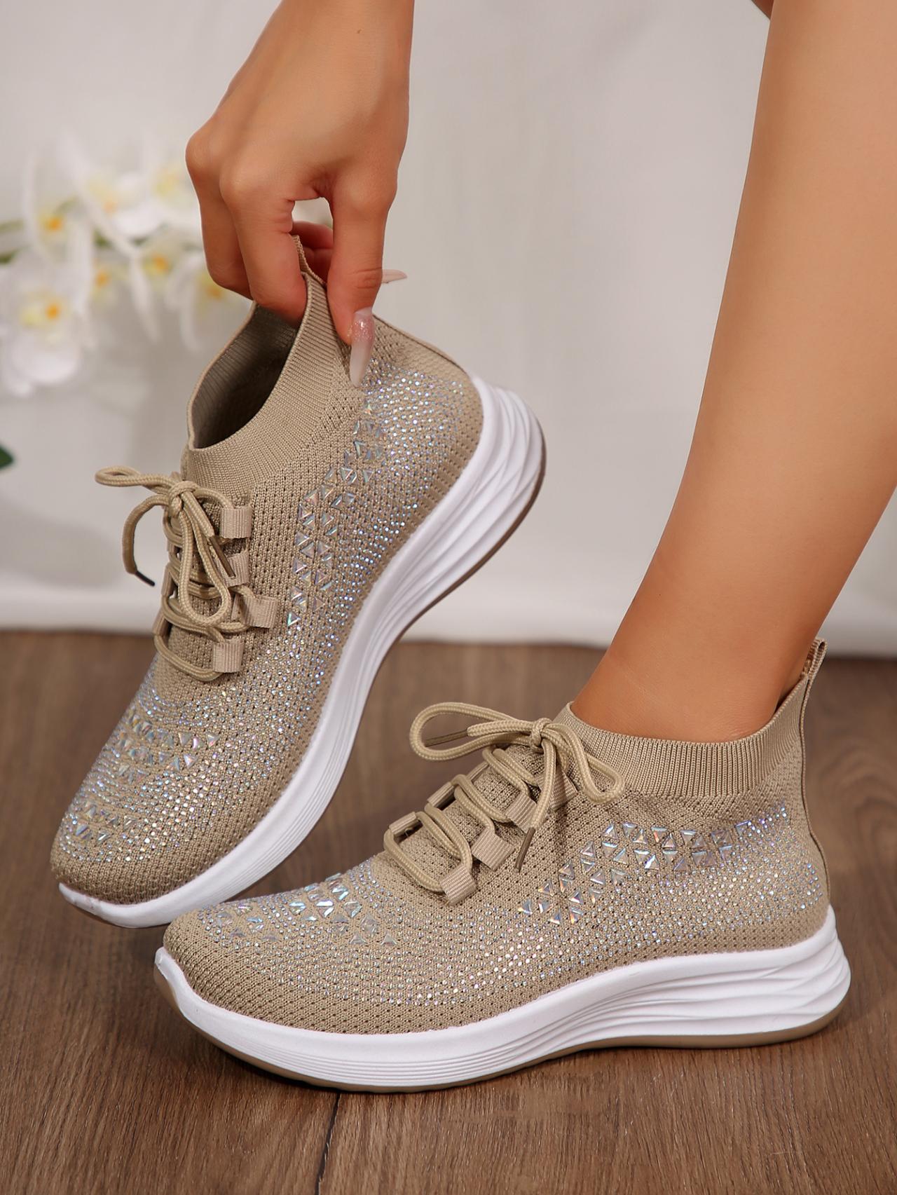 

Womens Large Size Casual Sport Shoes Spring Autumn Breathable Solid Color Crystal Lace-up Non Slip Sneakers 36