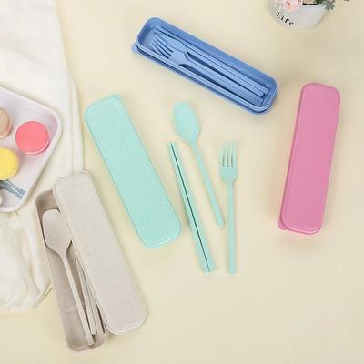 3pcs/set Travel Cutlery Portable Cutlery Box Japan Style Wheat Straw Knife Fork Spoon Student Dinnerware Sets Kitchen Tableware