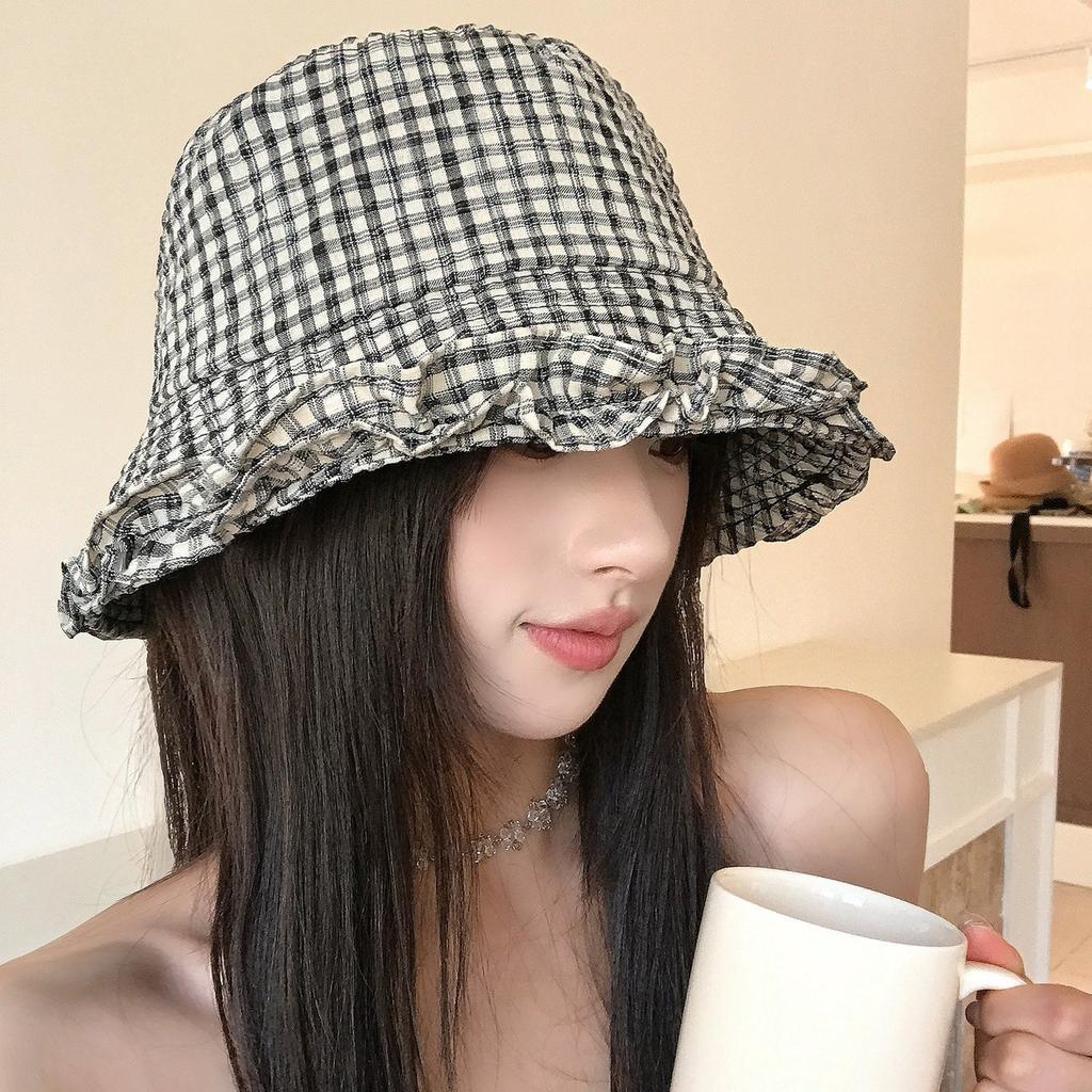 Retro plaid lace bucket hat women's spring summer travel versatile washbasin hat sunshade sunscreen hat