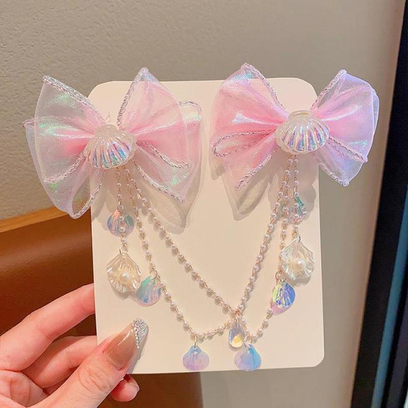 Fashion Girls Bow Forehead Chain Hair Clip Children Forehead Princess Tassel Mermaid Hair Card Little Girl Hair Accessories