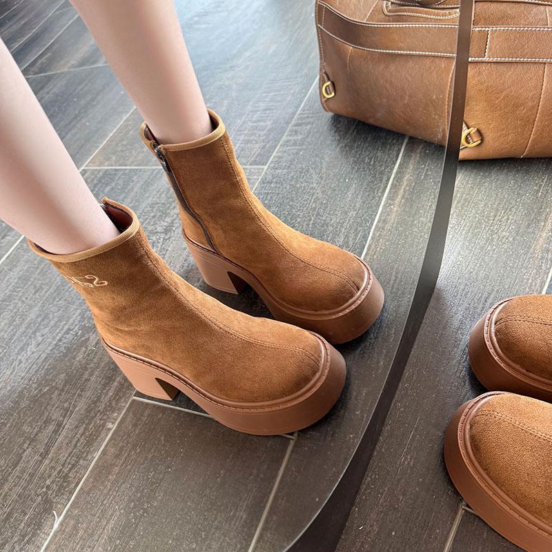 New Women's Platform Boots Autumn Suede Fashion Ankle Boots Elastic Slip On Woman Shoes Casual Solid Chunky High Heel Boots