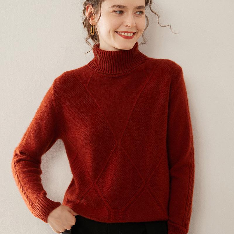 Cashmere Women's High-Neck Diamond Pattern Knit Sweater - Thickened Base Layer for Autumn/Winter Fashion