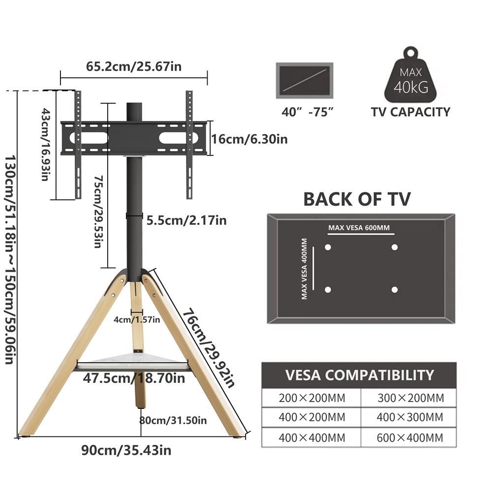 Corner TV Floor Stand with Sintered Stone Shelf Height Adjustable Tripod TV Mount for 40-75 Inches