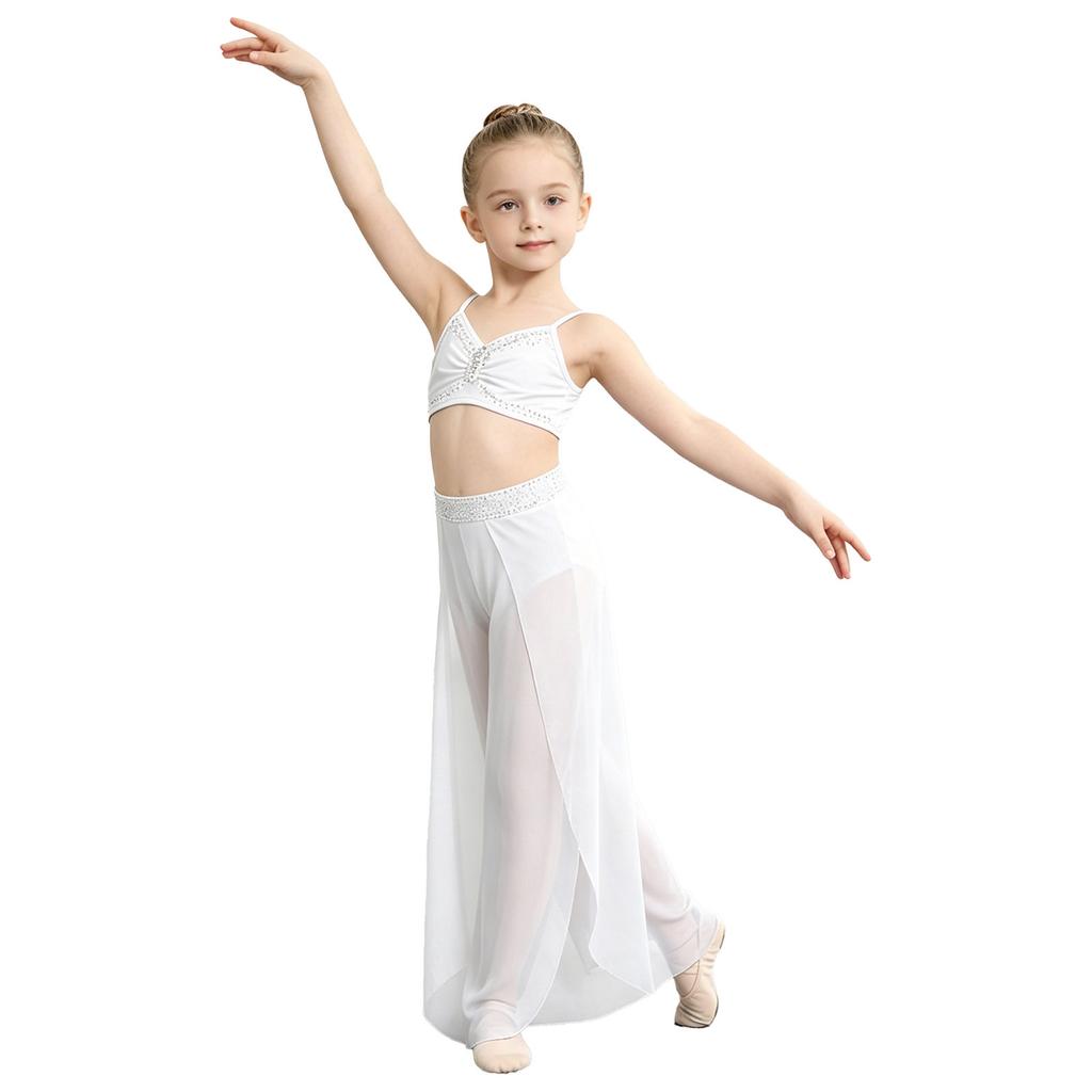Kids Girls Lyrical Dance Pants Shiny Rhinestone Waistband Side Split Mesh Trousers for Stage Performance Competition