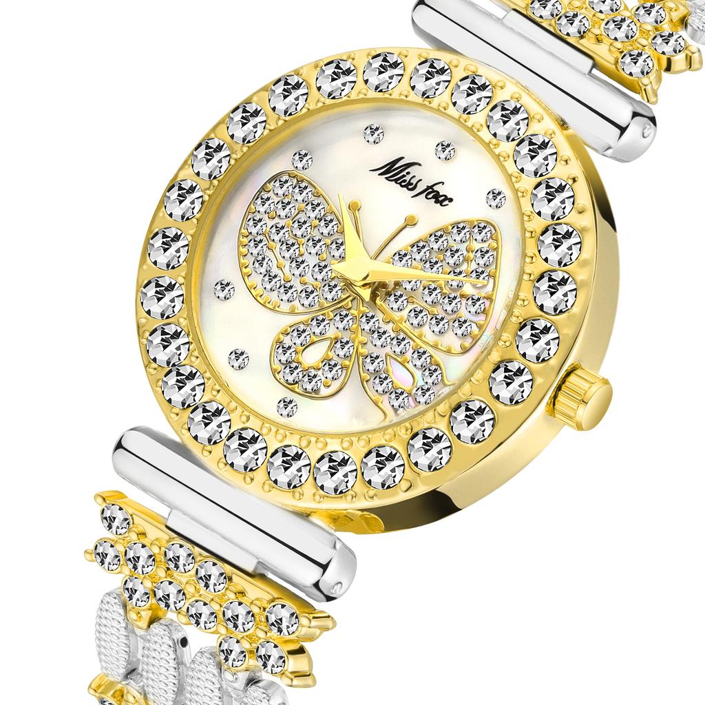 Butterfly Rhinestone Quartz Watch For Women Round Full Diamond Bezel Shell Dial Luxury Alloy Bracelet Elegant Party Waterproof Wristwatch