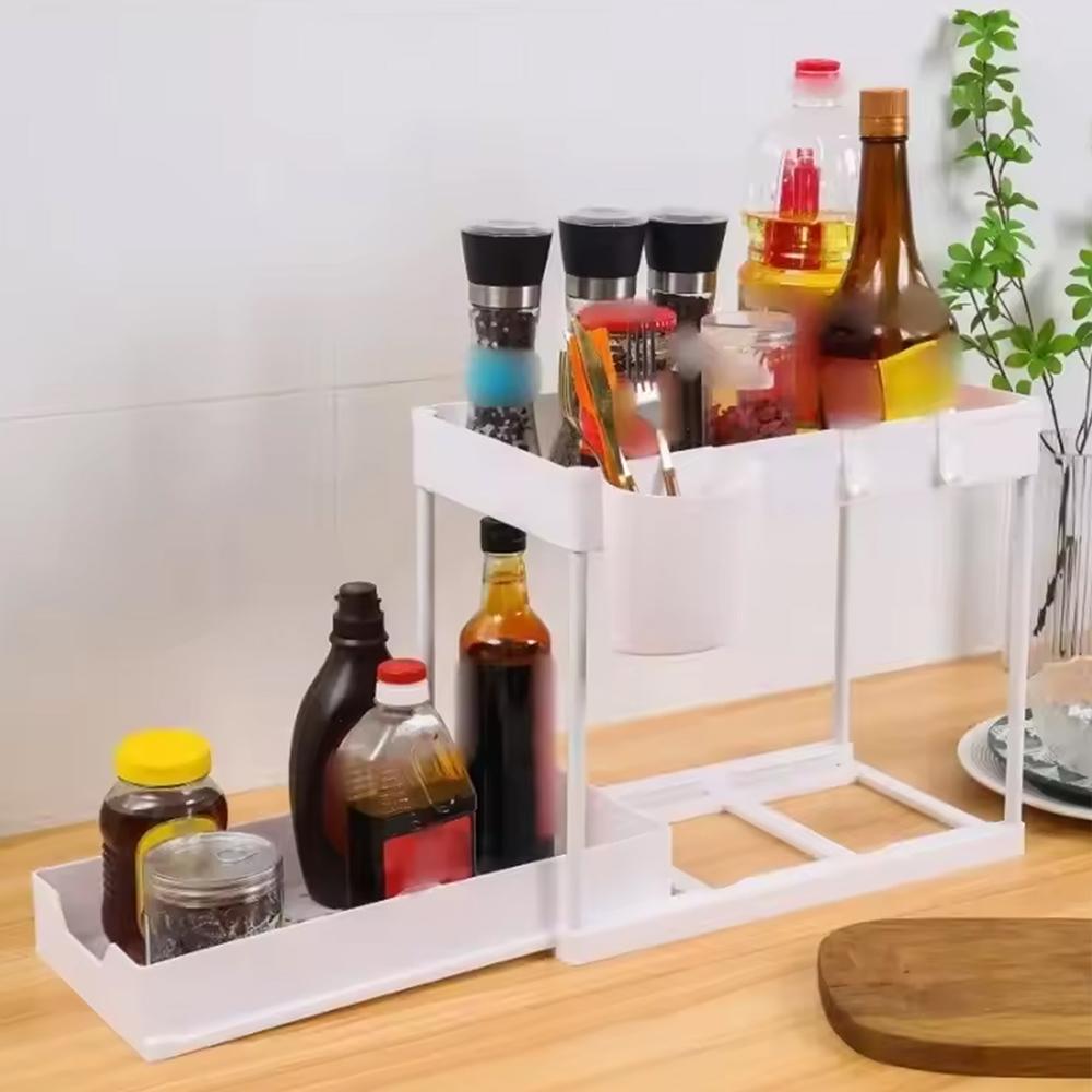 Organizér pro uložení pod dřez s háčky, 2úrovňový výsuvný košík do skříně, výsuvná zásuvka pro koupelnu a kuchyň