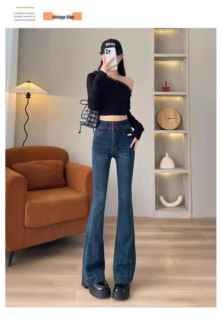 Plus Size High Waist Light Blue Flare Jeans for Women - Slimming Patchwork Bell Bottoms, Trendy American Style for Spring & Autumn