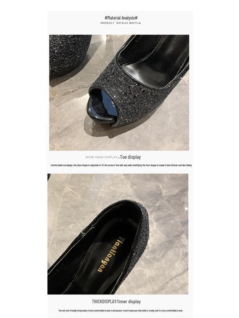 2021 Trendy European & American Sequin Peep Toe High Heel Platform Women's Shoes