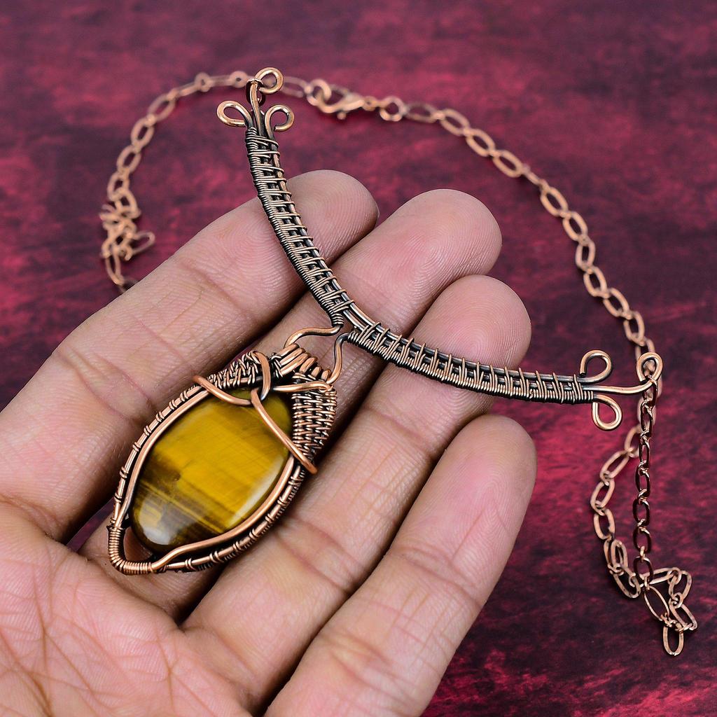 Tiger's Eye Gemstone Necklace Copper Wire Wrapped Adjustable Chain Necklace