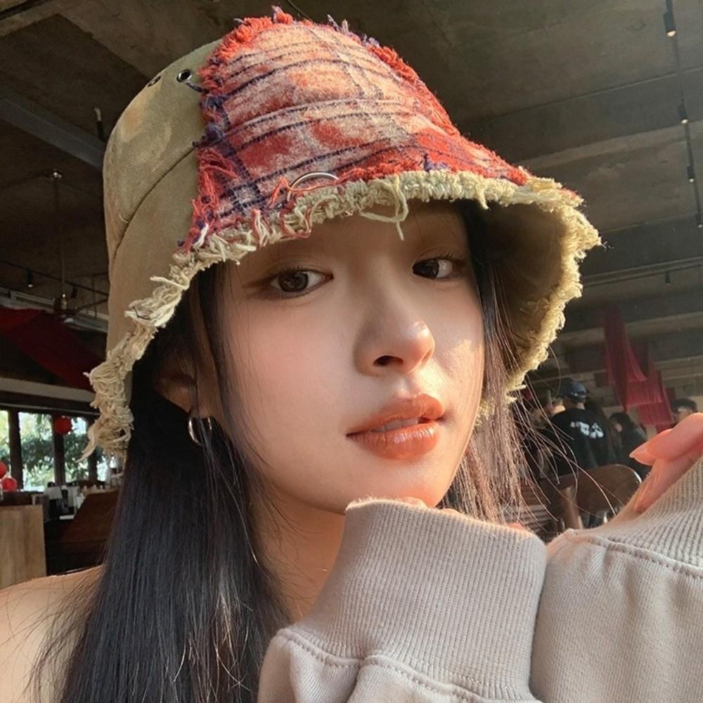 Beggar Style Plaid Bucket Hat Patched Sun Protection Basin Cap Fashion Retro Fisherman Hat  Women