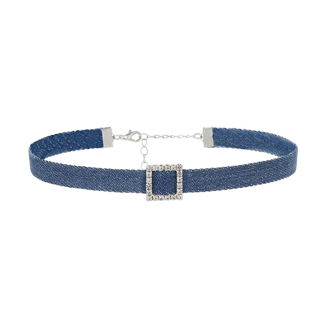 Fashionable Denims Fabric Choker Necklace for Women Adjustable Clavicle Chain Rhinestones Charm Necklace Accessory