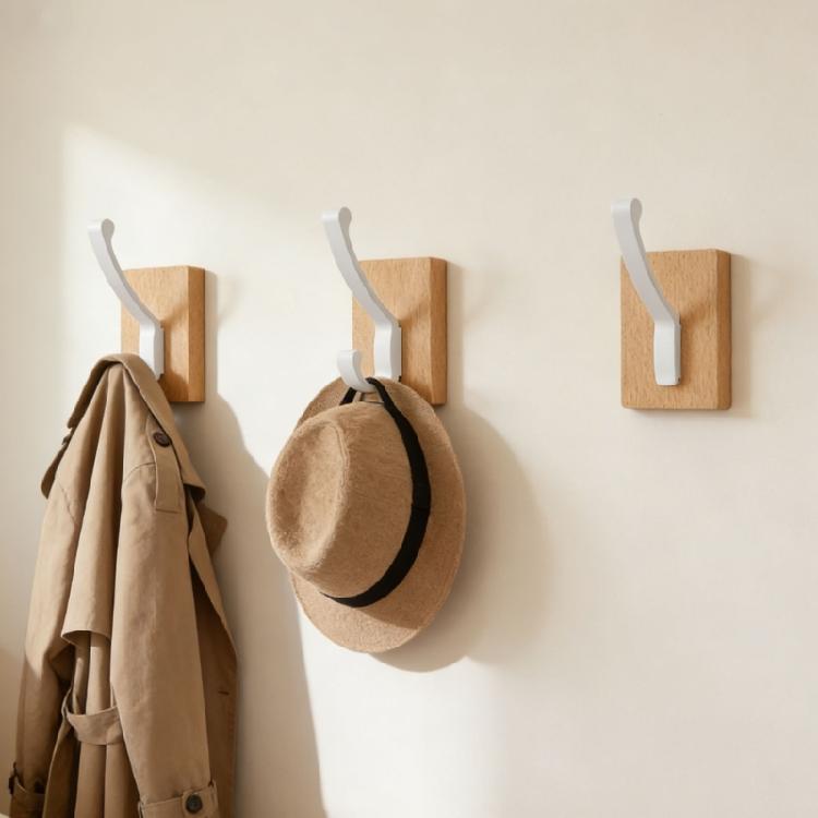 Natural Walnuts Wood Bathroom Hook with Adhesive Backing Easy Install No Holes Space Saving for Decors and Organization